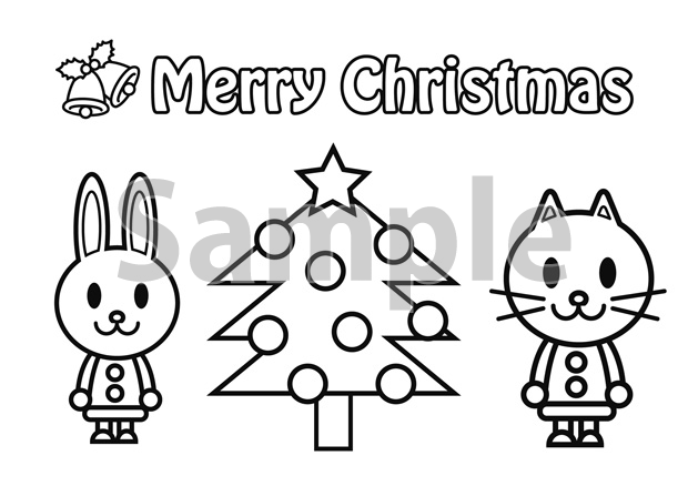 クリスマスツリー、ウサギと猫の塗り絵素材