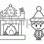 「クリスマスの暖炉と少年」の塗り絵素材